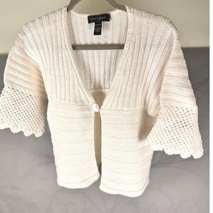 Cable & Gauge White Cotton Cropped Knit Cardigan Sweater 3/4 Sleeve Women's L